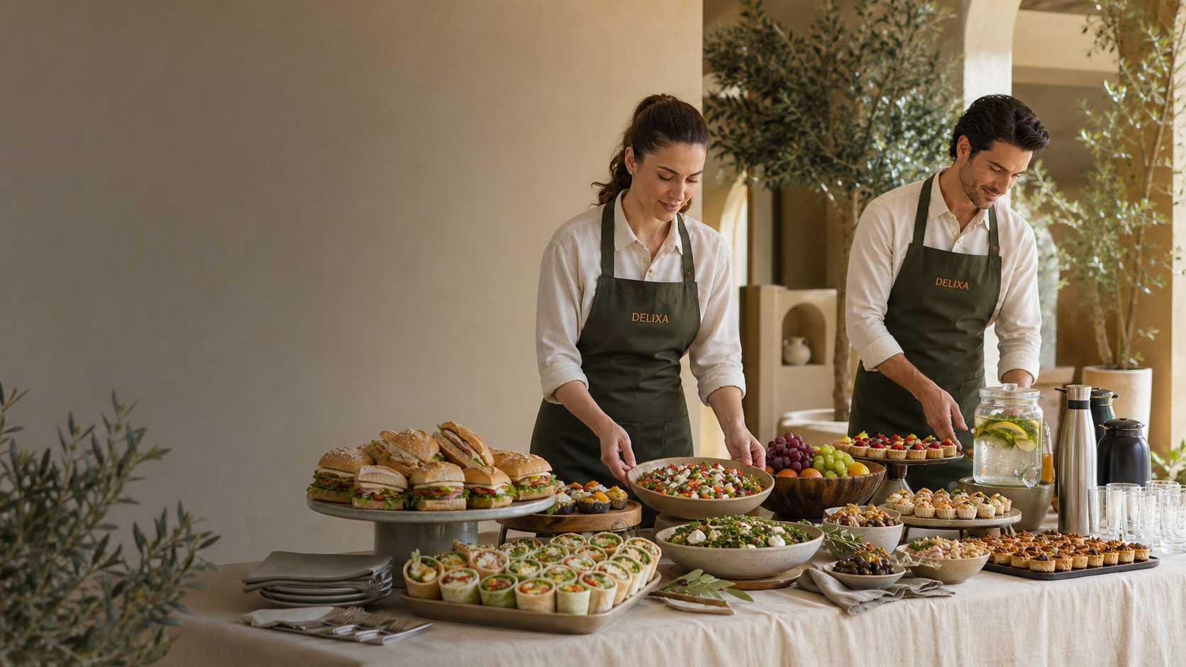 DELIXA-medewerkers verzorgen een uitgebreid cateringbuffet