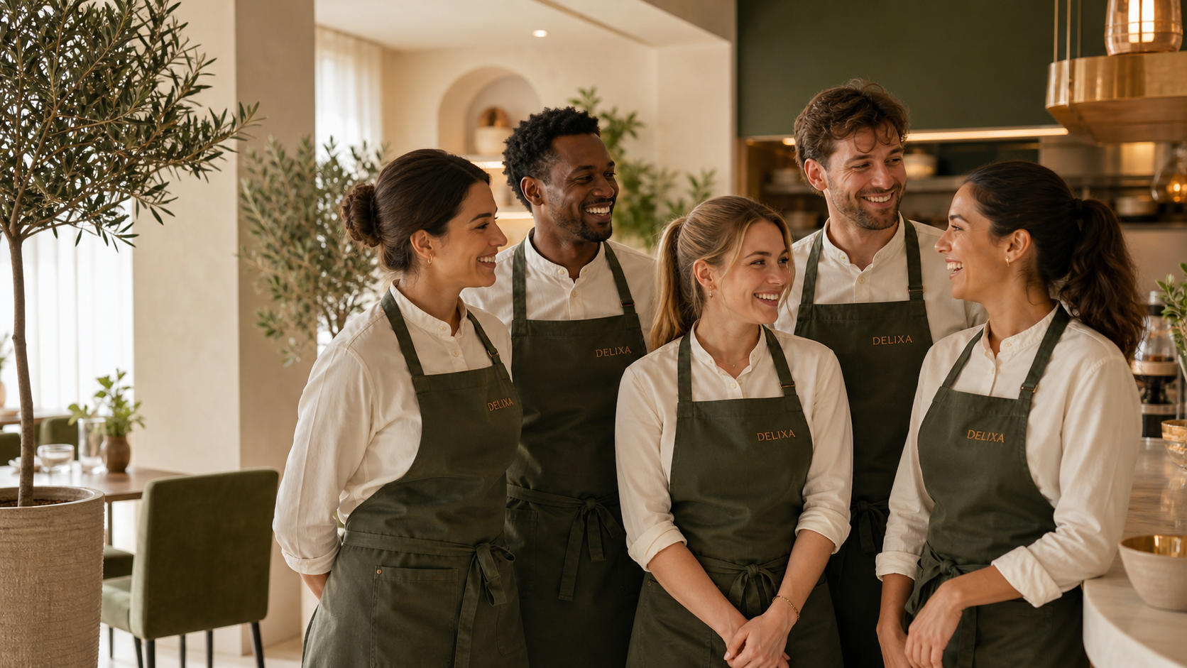 Een enthousiast team van DELIXA-medewerkers in het restaurant