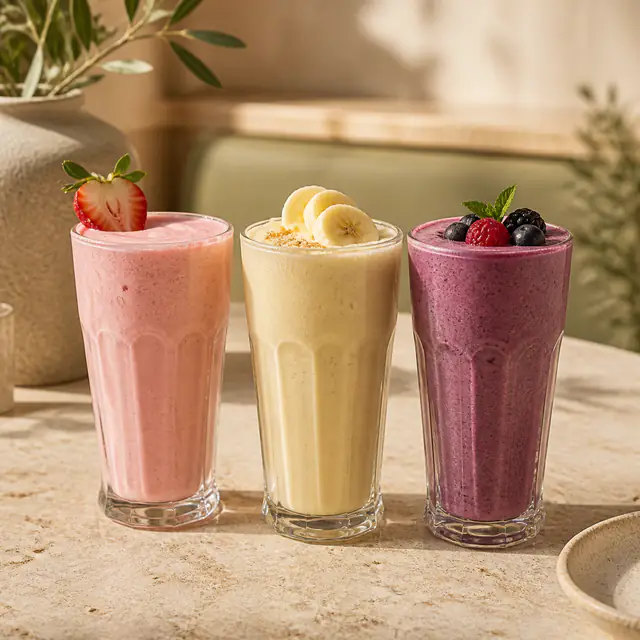 Aardbei-, banaan- en bosvruchtenshakes